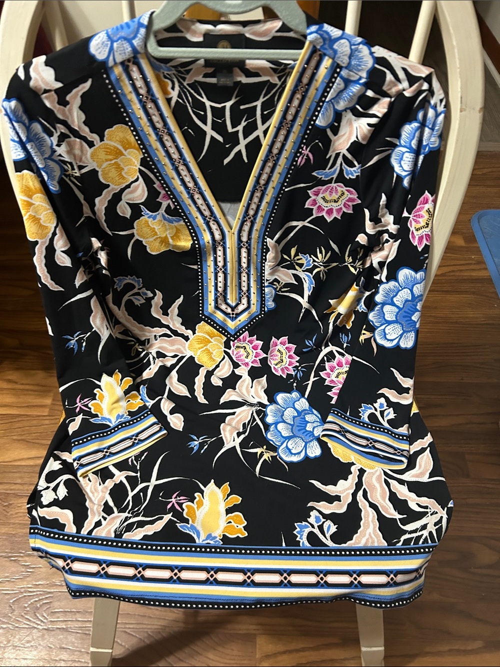 Floral Embellished V-Neck Tunic Top - Black with Blue & Yellow Floral